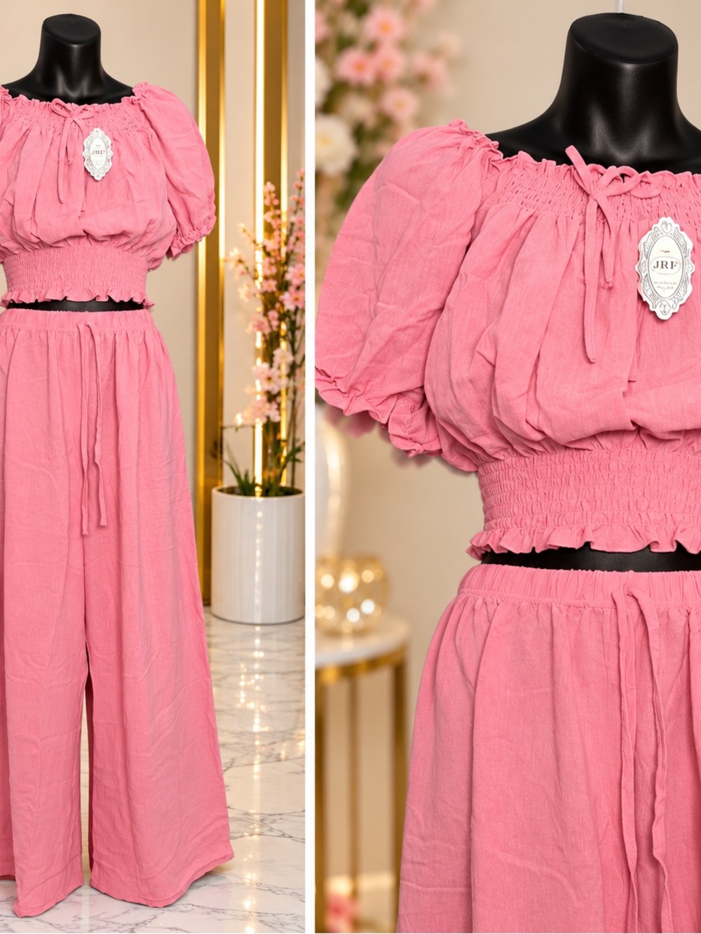 Pink Two-Piece Puff-Sleeve Top & Wide-Leg Pants Set runs big L-XXL